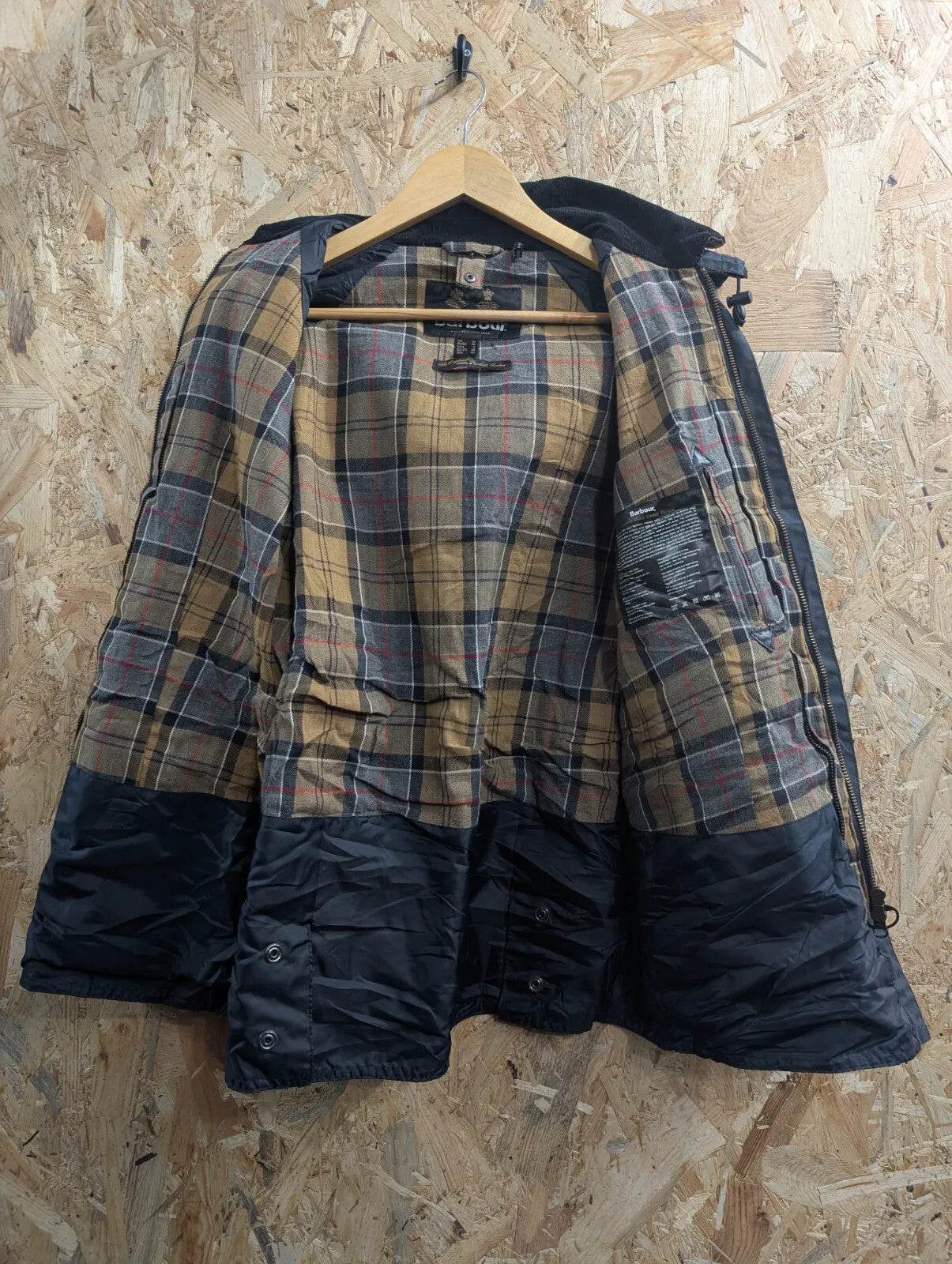 Barbour Beadnell Wax Jacket Womens UK10 Navy Blue Cotton Tartan Hooded Full Zip