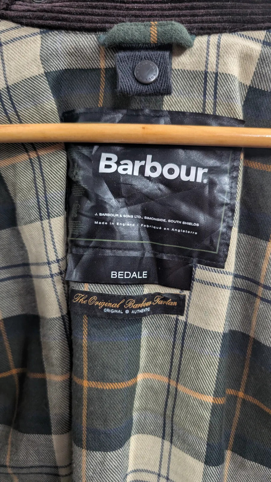 Barbour Bedale Wax Jacket Mens Medium C38 Dark Green Plaid Brown Corduroy Collar