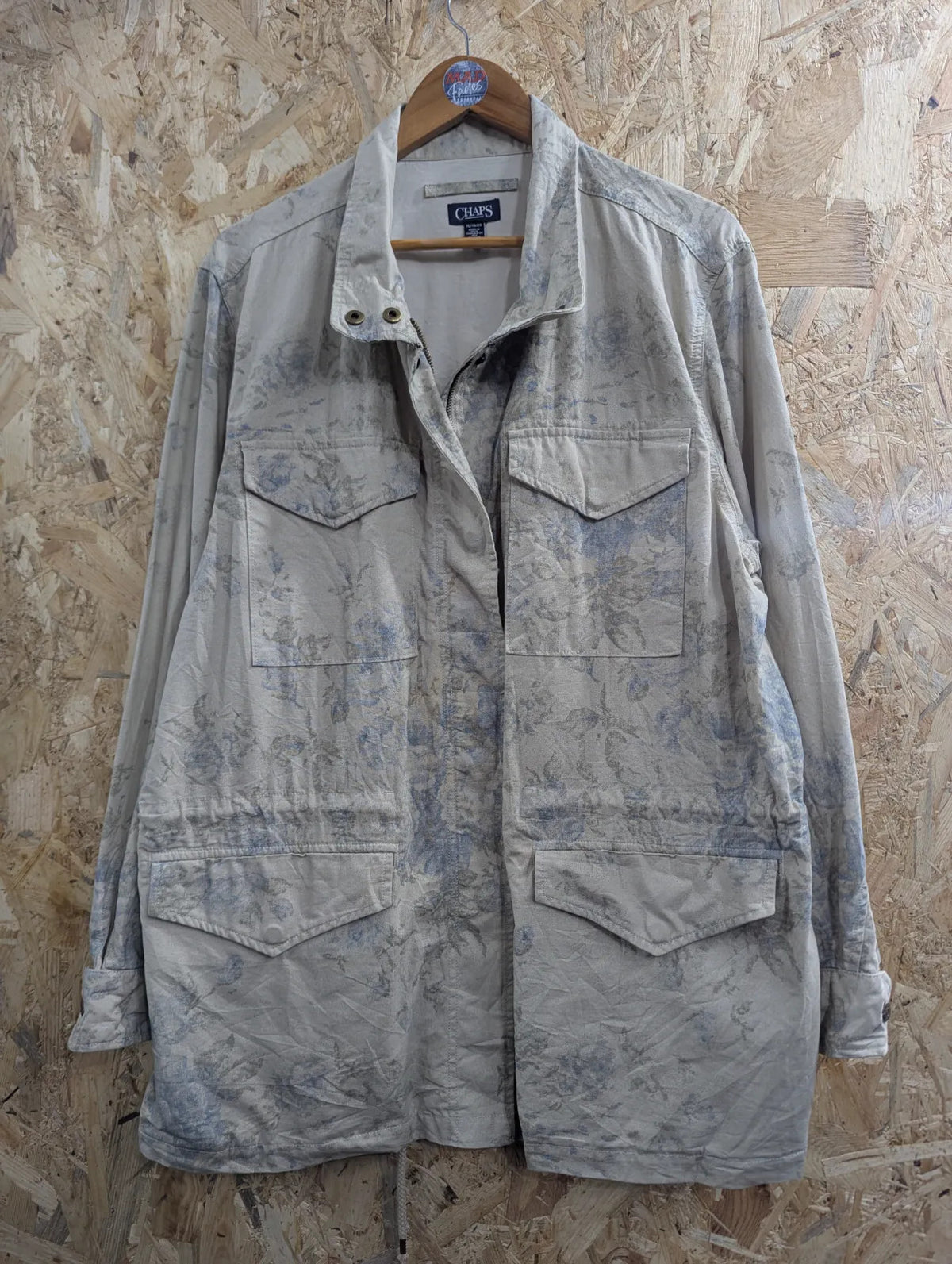 Vintage Chaps Field Jacket Mens XL Beige Blue Grey Cotton Abstract Print RL Polo