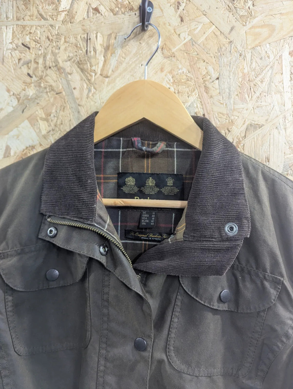 Barbour Sapper Wax Jacket Women UK14 Olive Green Cotton Tartan Lined Cord Collar