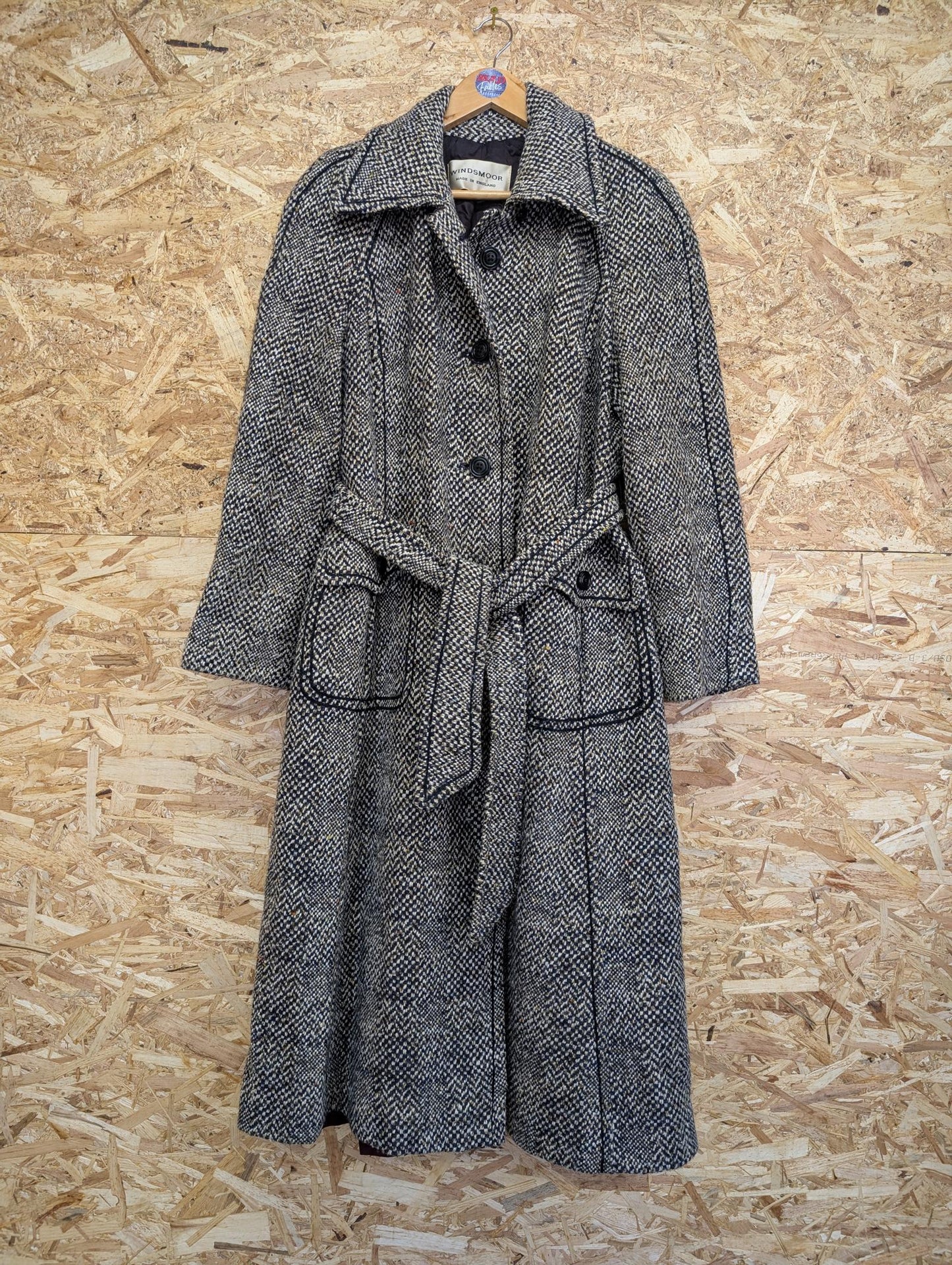Windsmoor Wool Tweed Trench Coat Mac Long Blue White Made in England Size 14