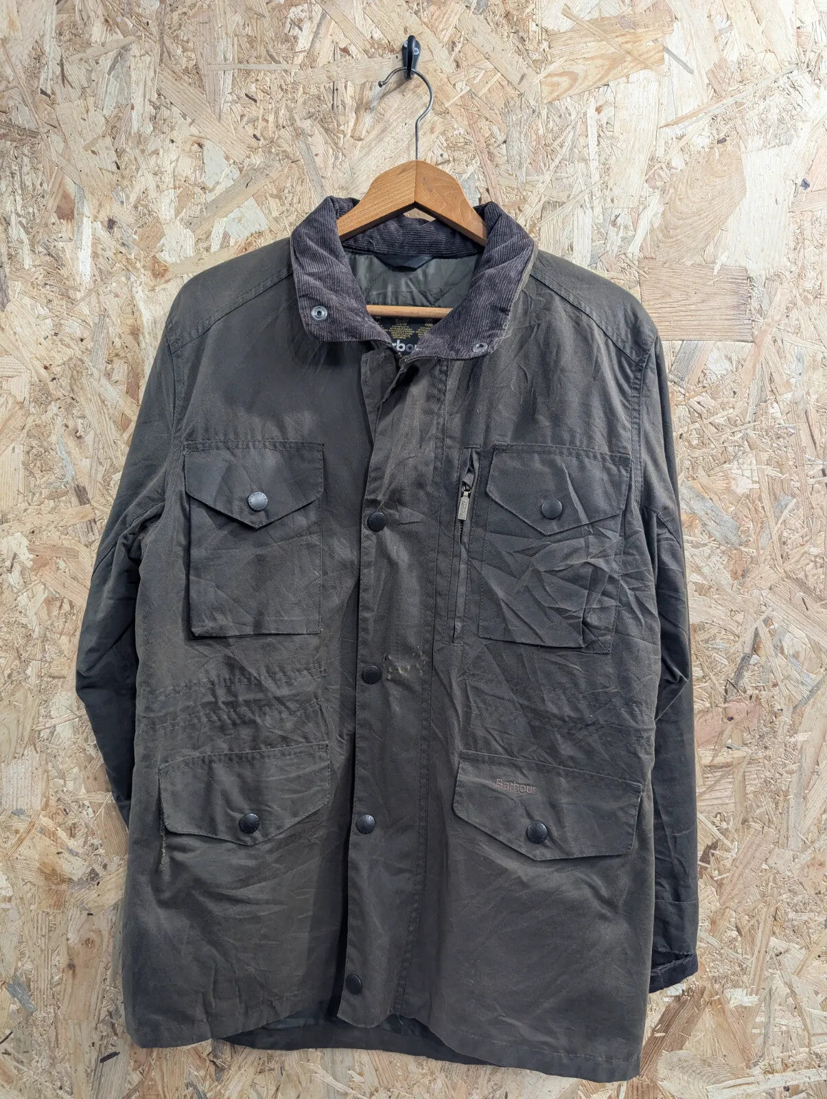 Barbour Sapper Utility Jacket Mens Small Olive Green Waxed Cotton Quilted Padded