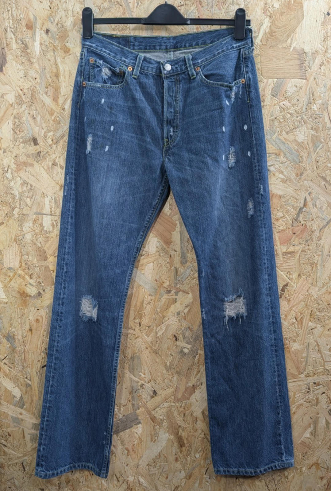 Levis 501 Jeans W32 L32 Men Distressed Paint Mid Blue Denim Straight Leg