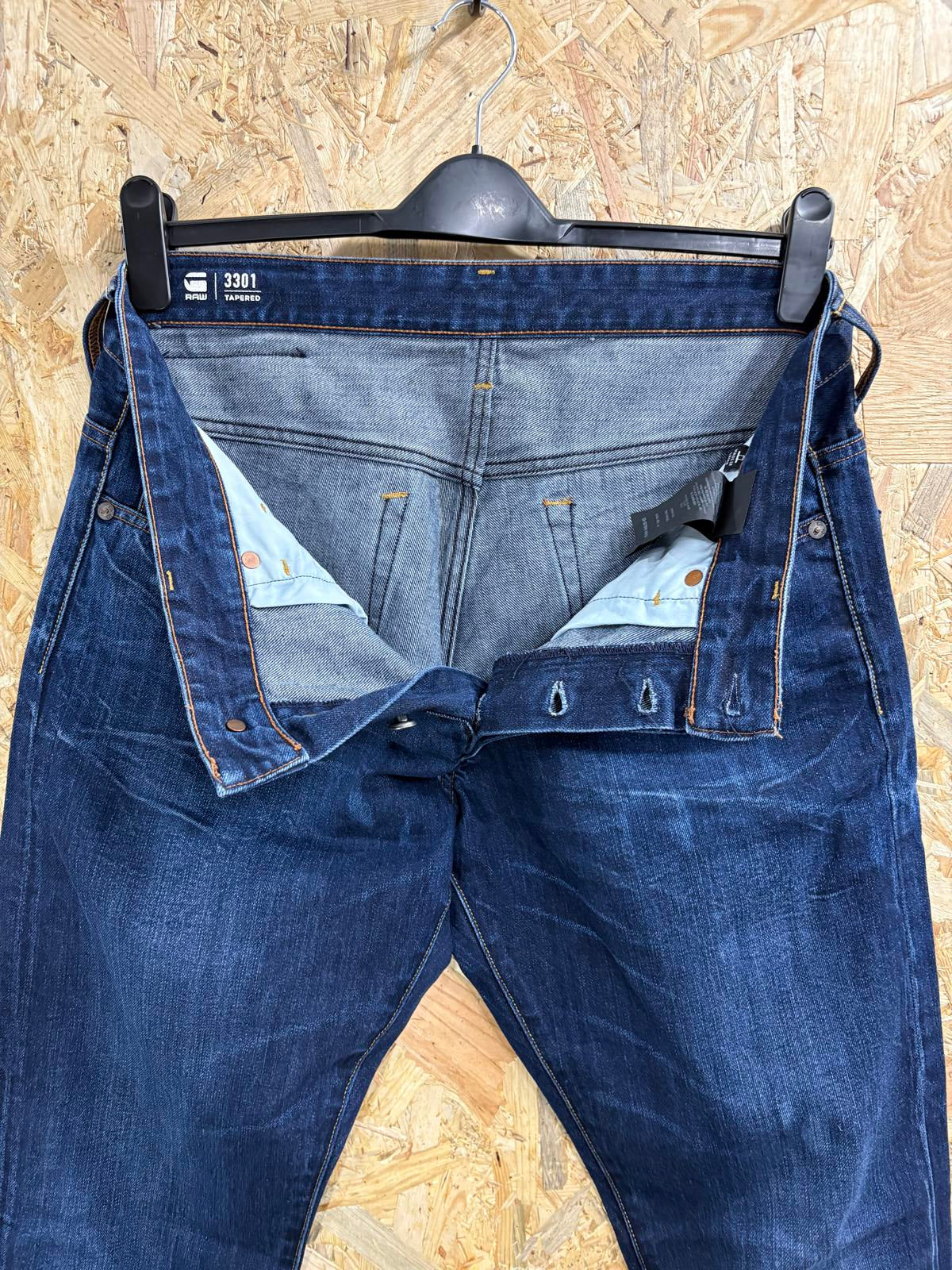 G-Star 3301 Tapered Jeans W34 L32 Navy Blue Dark Denim Button Fly