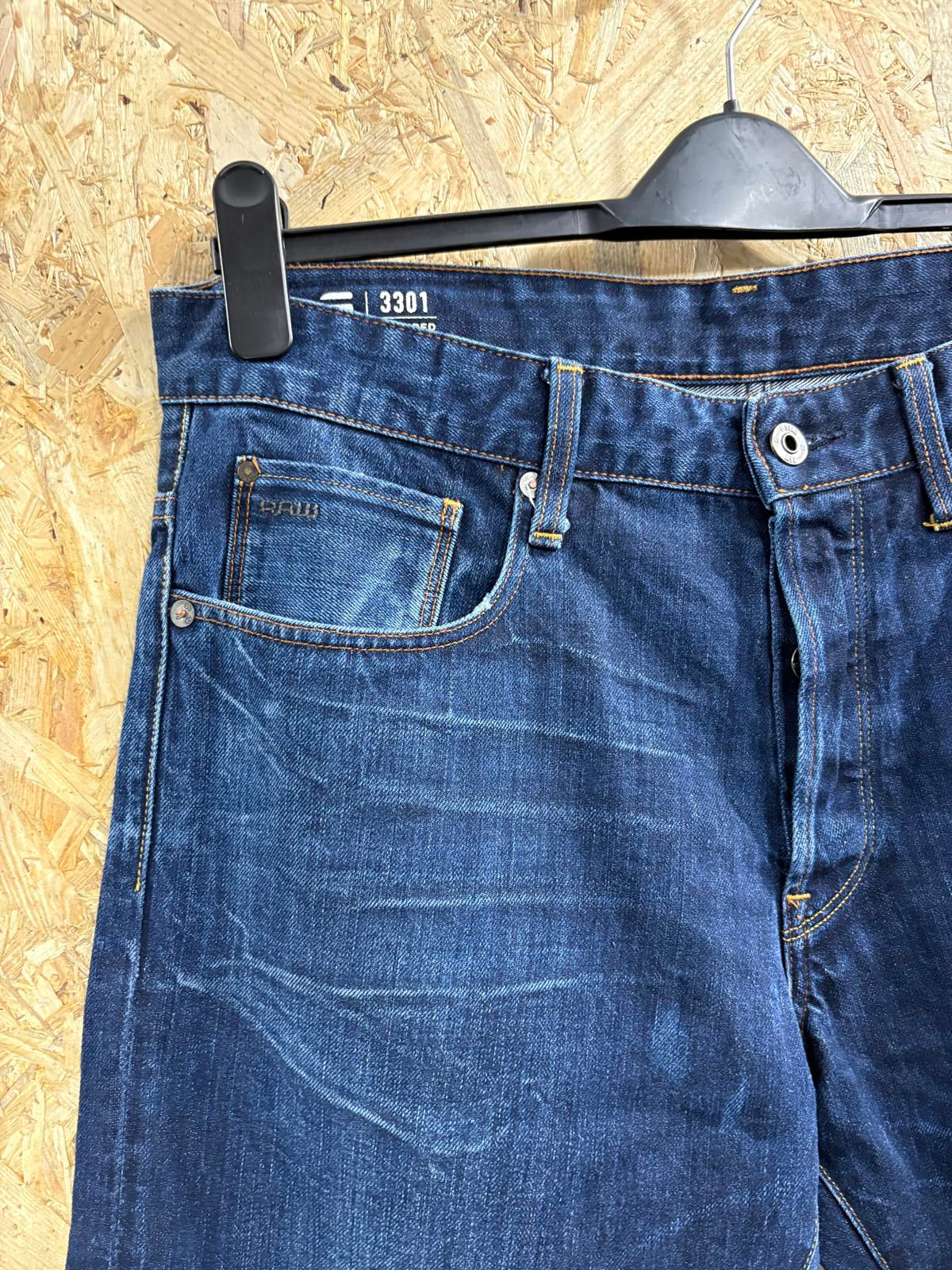 G-Star 3301 Tapered Jeans W34 L32 Navy Blue Dark Denim Button Fly