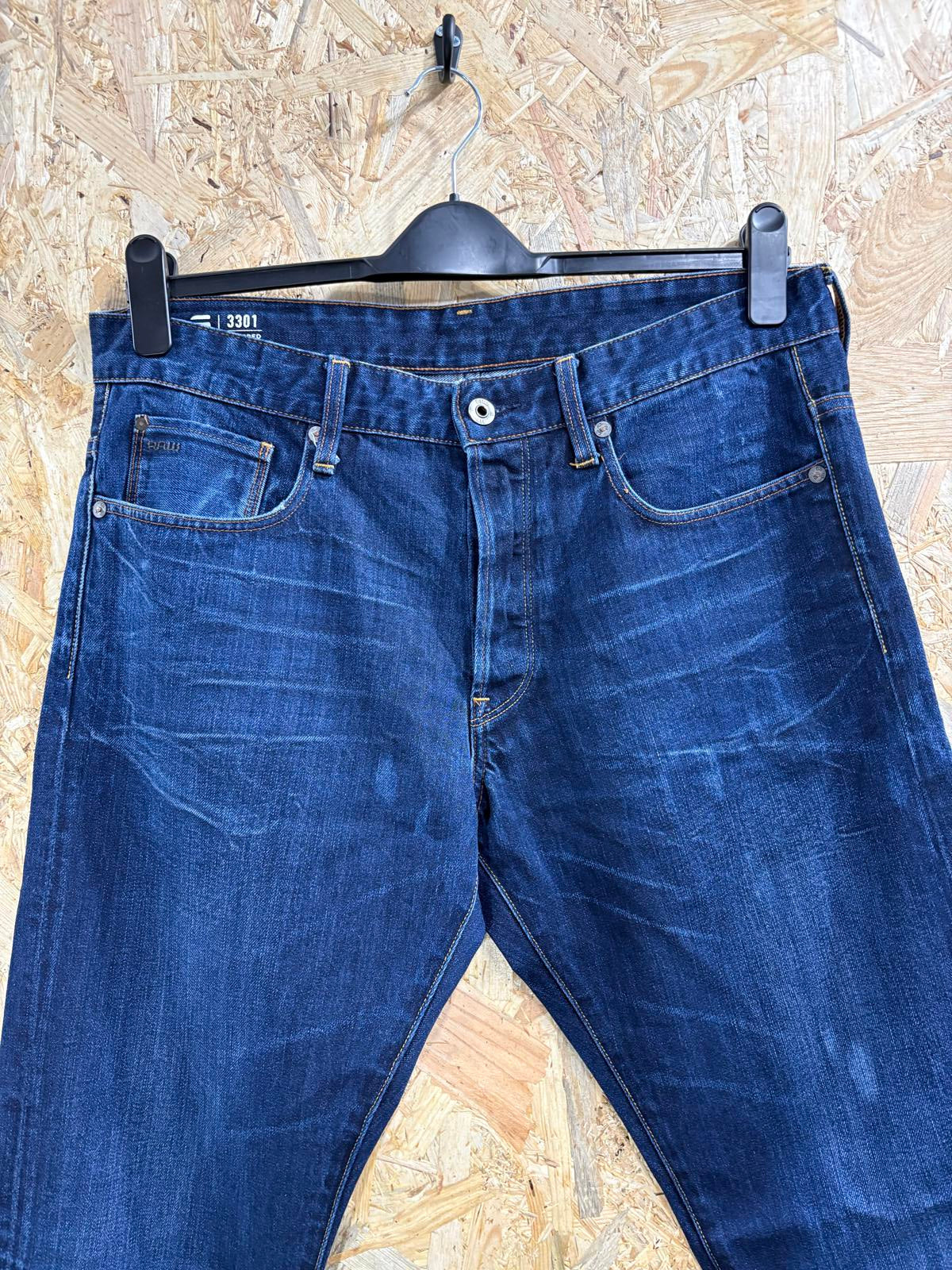 G-Star 3301 Tapered Jeans W34 L32 Navy Blue Dark Denim Button Fly