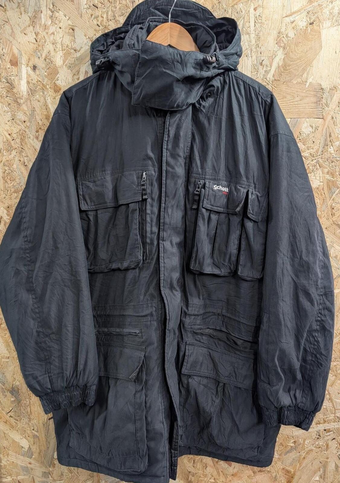 Schott NYC Parka Jacket Large Black Utility Zip Pockets USA 90s Insulated Hood
