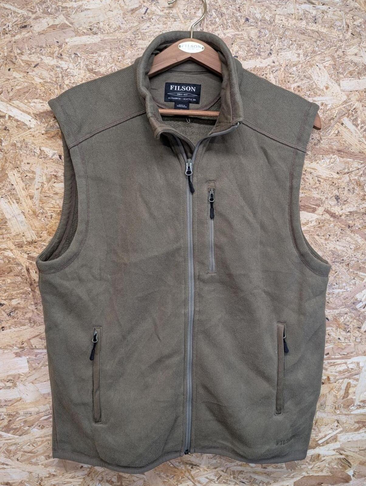 Filson Field Vest Mens Medium Khaki Green Fleece Polyester Bodywarmer Gilet Zip