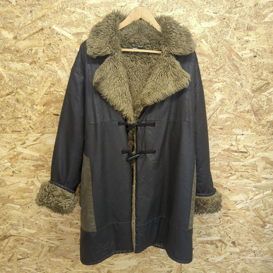 Dries Van Noten Afghan Coat Women XL Waxed Sherpa Duffle Coat Charcoal Y2K