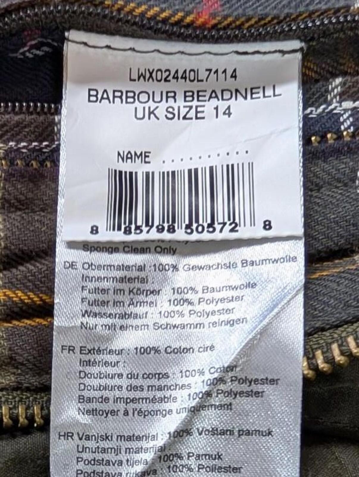 Barbour Classic Beadnell Waxed Jacket Womens Size 14 Olive Cord England Made